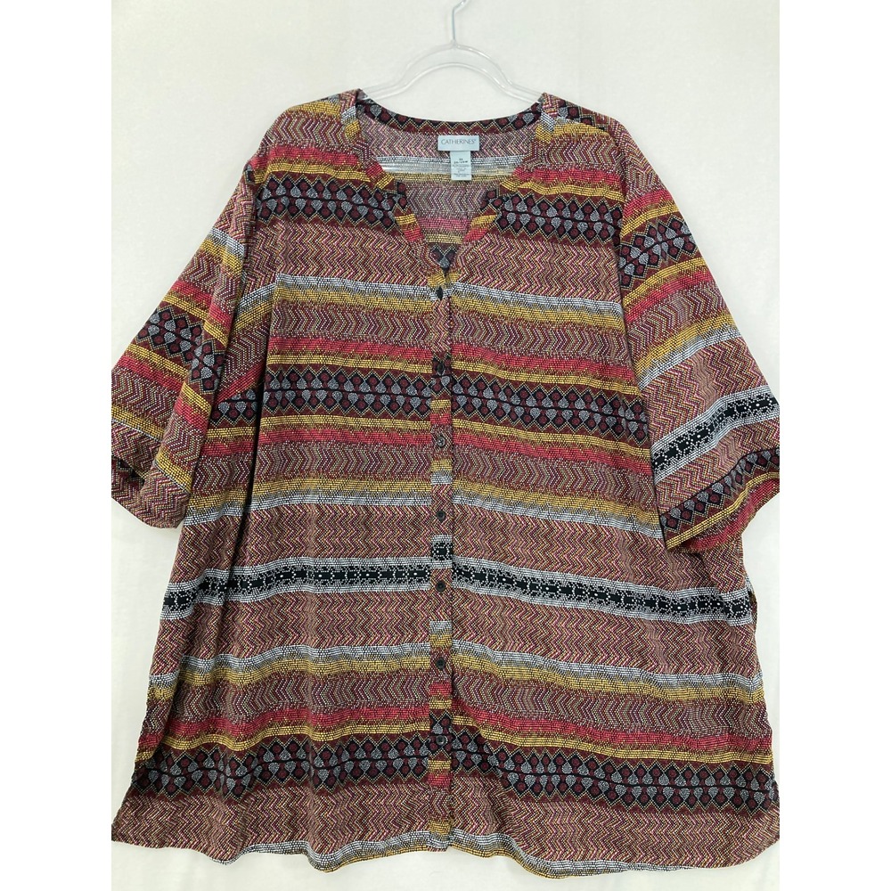 Catherines‎ Button Front Blouse 3X Multicolor Geometric Stripe Comfy Preppy